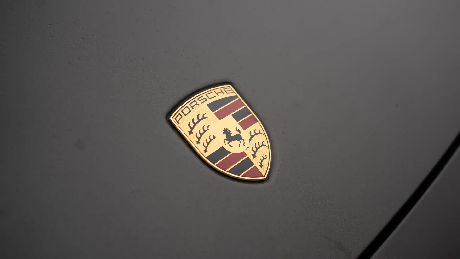 The logo on the hood of our Porsche 911 Carrera Coupe.